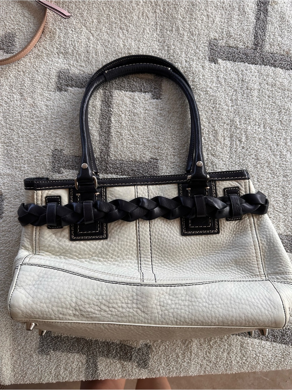 Coach White Leather Tote with Black Trim and Braided Accent - Picture 9 of 11